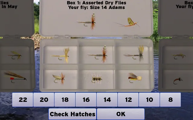 Caixa Box 1 com moscas secas e a Adams tamanho 14 escolhida em Fly Fishing Simulator