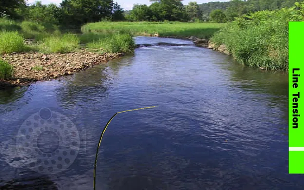 Rio fotografado com a linha amarela na água e a barra verde Line Tension na margem direita