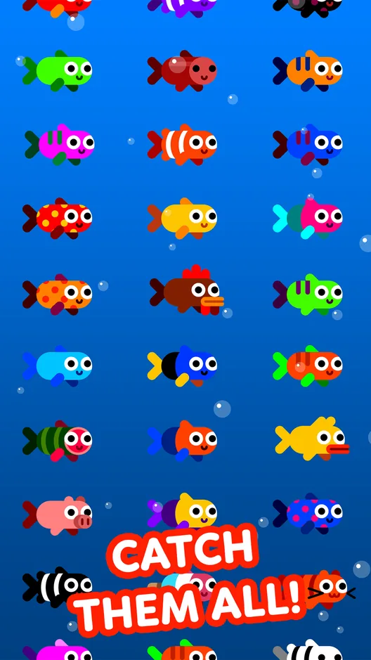 Grelha de três colunas com peixes geométricos de olhos grandes na coleção de Fish & Trip