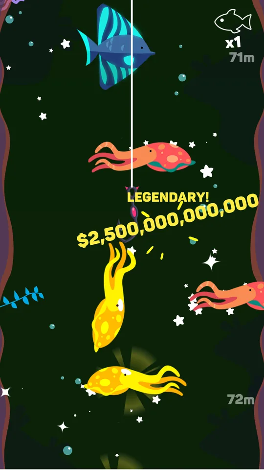 Fundo quase preto aos 71 metros em Tiny Fishing, com lulas amarelas e o aviso LEGENDARY