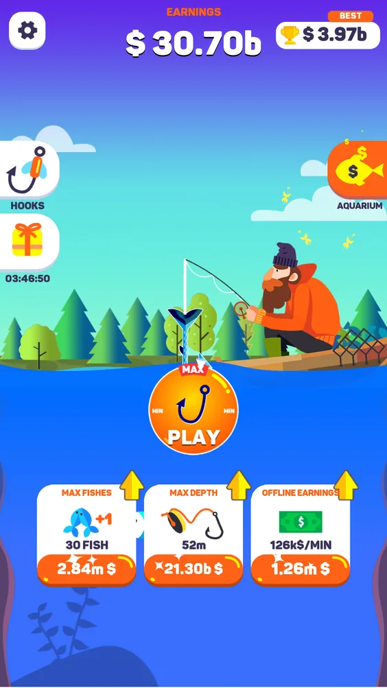 Menu de Tiny Fishing com três cartões: 30 peixes, 52 metros e rendimento offline por minuto